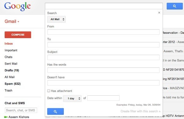 Gmail 검색 옵션