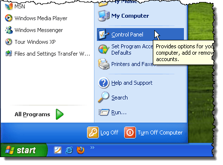 Windows XP에서 제어판 열기