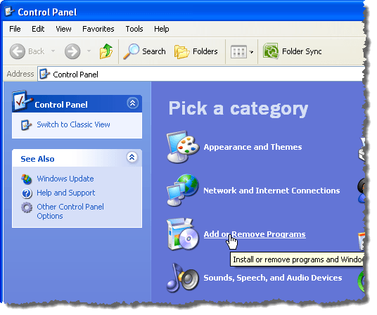Windows XP에서 프로그램 추가 / 제거를 클릭하십시오.