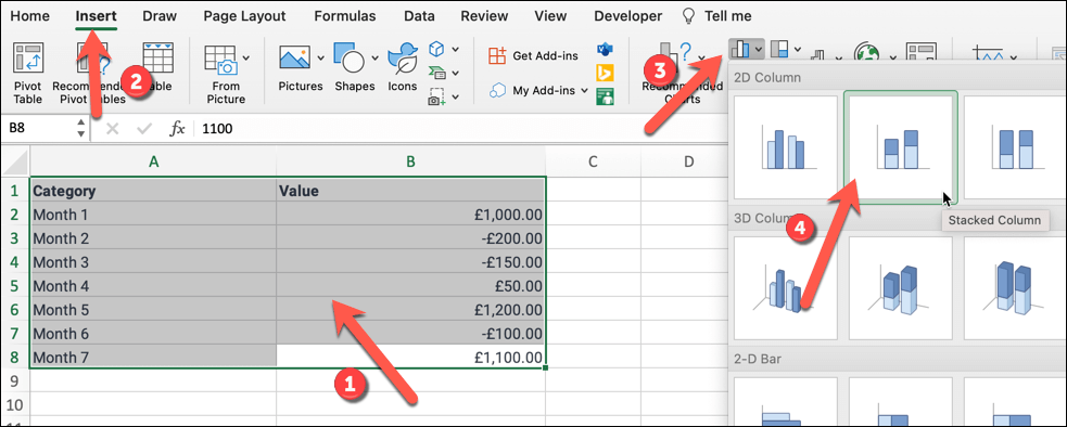 Microsoft Excel 이미지 6에서 폭포형 차트를 만드는 방법