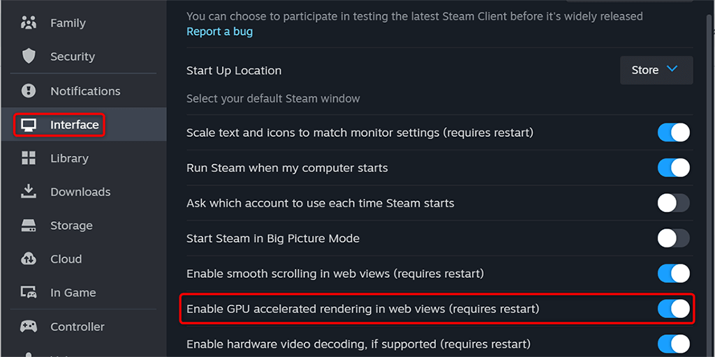 Steam 이미지에서 GPU 가속 끄기