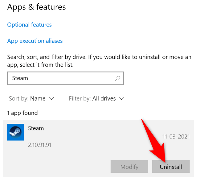 Windows 10에서 Steam 앱 제거